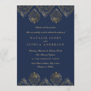 Gold Navy Antiek Lace Wedding Invitation Kaart