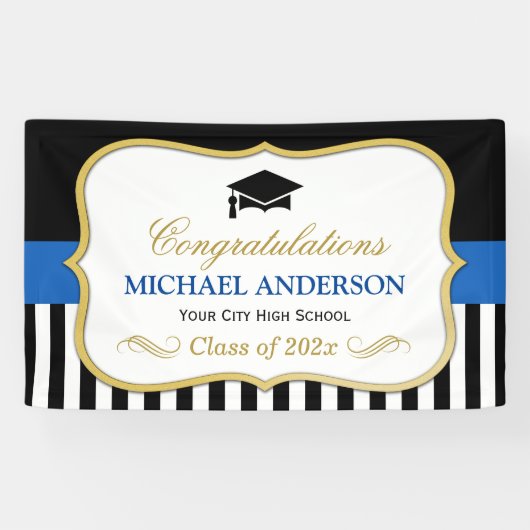 Gold Navy Black White Stripes Graduparty Spandoek (Horizontaal)