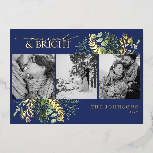 Gold Navy Blauw Getrouwd & Helder Zwart Wit Foto Folie Feestdagenkaart (Voorkant)