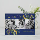 Gold Navy Blauw Getrouwd & Helder Zwart Wit Foto Folie Feestdagenkaart (Staand Voorkant)