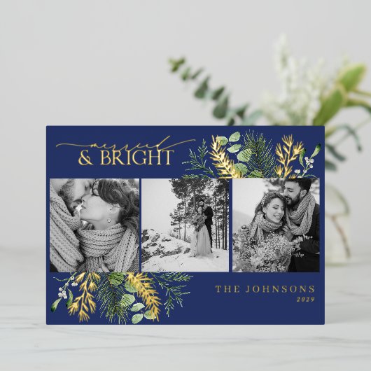 Gold Navy Blauw Getrouwd & Helder Zwart Wit Foto Folie Feestdagenkaart (Staand Voorkant)