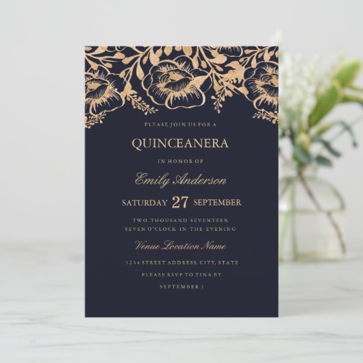  Gold Navy Bloemen Quinceanera Uitnodiging (Staand voorkant)