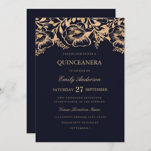  Gold Navy Bloemen Quinceanera Uitnodiging (Voorkant / Achterkant)