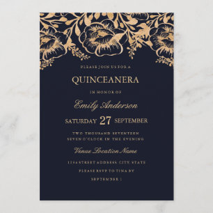 Gold Navy Bloemen Quinceanera Uitnodiging