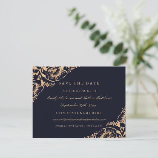 Gold Navy Bloemenbruiloft Save The Date (Staand voorkant)