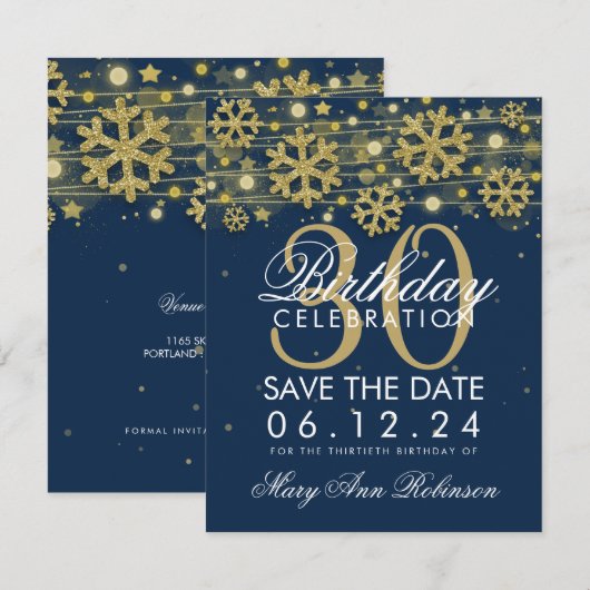 Gold Navy Blue 30th Birthday Save Date Winter Kaart (Voorkant / Achterkant)