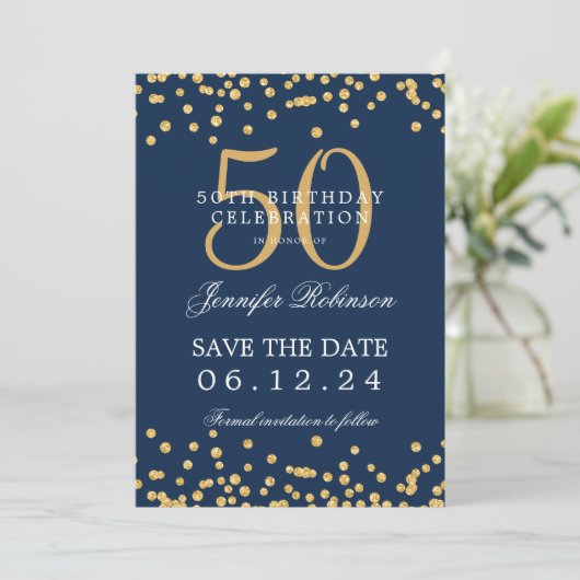 Gold Navy Blue 50th Birthday Bewaar de datum Detai Kaart (Staand voorkant)