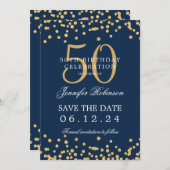 Gold Navy Blue 50th Birthday Bewaar de datum Detai Kaart (Voorkant / Achterkant)