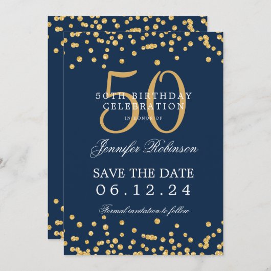 Gold Navy Blue 50th Birthday Bewaar de datum Detai Kaart (Voorkant / Achterkant)
