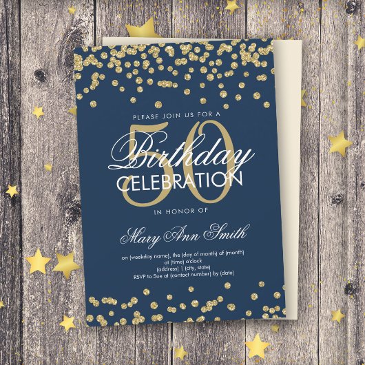 Gold Navy Blue 50th Birthday Glitter Confetti Kaart