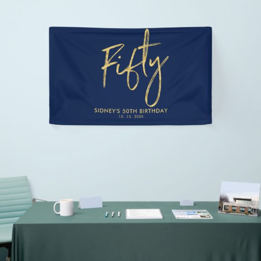 Gold Navy Blue 50th Birthday Party Welcome Banner (Beurs)