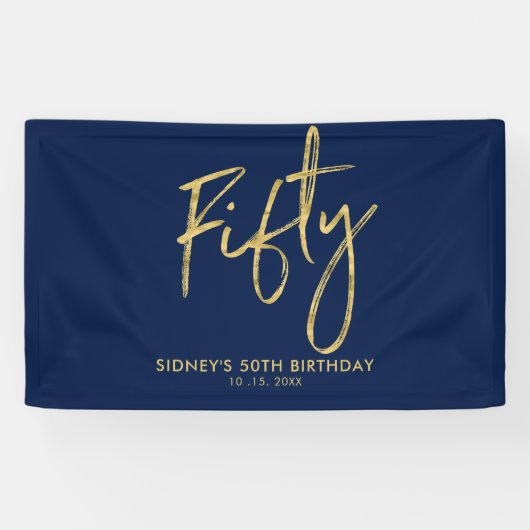 Gold Navy Blue 50th Birthday Party Welcome Banner (Horizontaal)