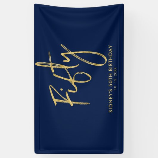 Gold Navy Blue 50th Birthday Party Welcome Banner (Verticaal)