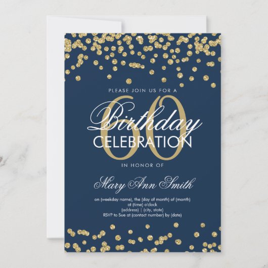 Gold Navy Blue 60th Birthday Glitter Confetti Kaart (Voorkant)