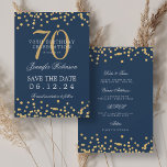 Gold Navy Blue 70th Birthday Bewaar de datum Detai Kaart<br><div class="desc">Elegant "70th Birthday Party" ontwerp met faux glitter confetti & details tekst. Makkelijk te gebruiken en makkelijk te personaliseren. Bestel vandaag nog!</div>
