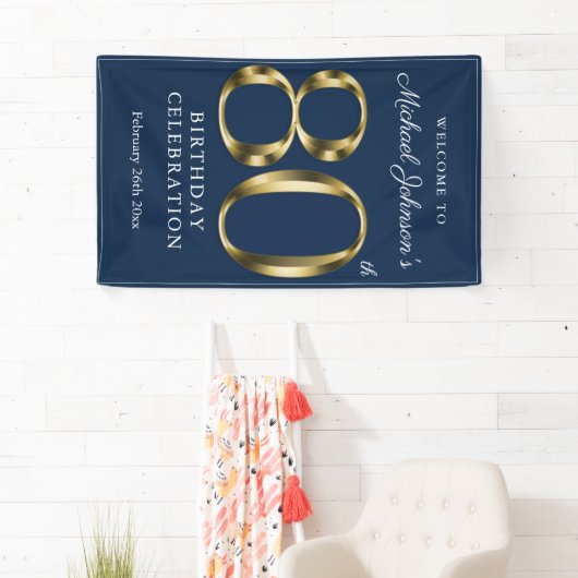Gold Navy Blue 80th Birthday Party Elegant Welcome Spandoek (Insitu)