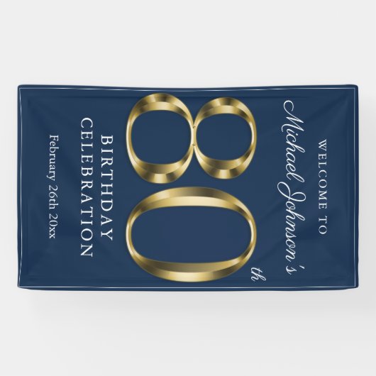 Gold Navy Blue 80th Birthday Party Elegant Welcome Spandoek (Horizontaal)