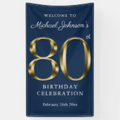 Gold Navy Blue 80th Birthday Party Elegant Welcome Spandoek (Verticaal)