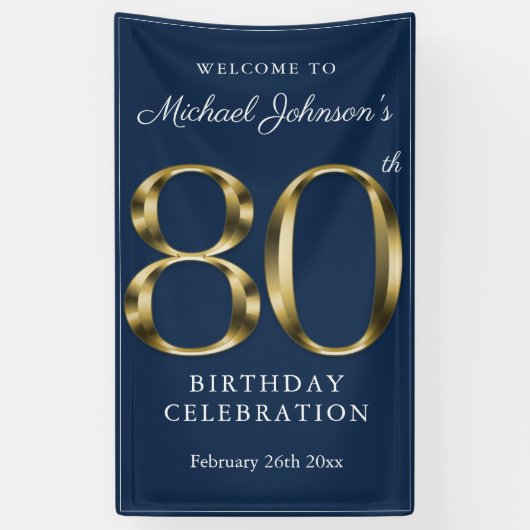 Gold Navy Blue 80th Birthday Party Elegant Welcome Spandoek (Verticaal)