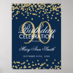 Gold Navy Blue 90th Birthday Glitter Confetti Poster<br><div class="desc">Elegant 90th Birthday Gold Navy Blue Faux Glitter Confetti banner sjabloon.</div>