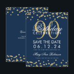 Gold Navy Blue 90th Birthday Save Datum Confetti Kaart<br><div class="desc">Elegant "90th Birthday Party" ontwerp met Gold Faux Glitter Confetti Navy Blue en aangepaste naam en detailtekst. Makkelijk te gebruiken en makkelijk te personaliseren. Bestel vandaag nog!</div>