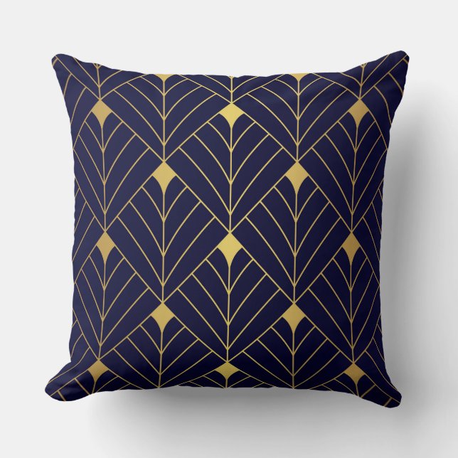 Gold Navy Blue Art Deco Diamond Pattern Kussen (Voorkant)