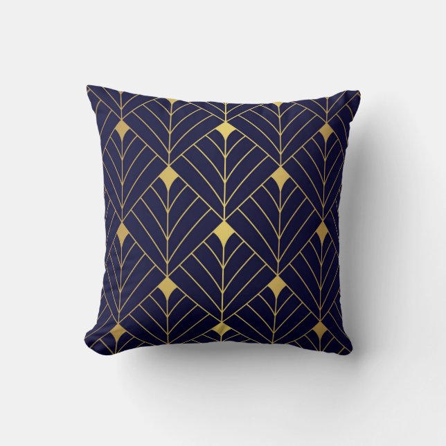 Gold Navy Blue Art Deco Diamond Pattern Kussen (Voorkant)