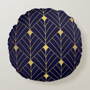 Gold Navy Blue Art Deco Diamond Pattern Rond Kussen