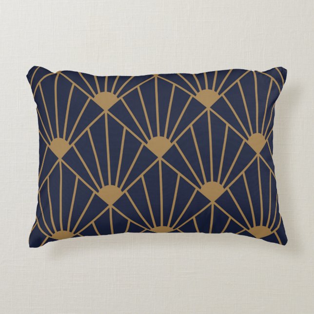 Gold Navy Blue Art Deco Fan Pattern Accent Kussen (Voorkant)