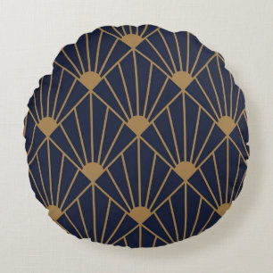 Gold Navy Blue Art Deco Fan Pattern Rond Kussen