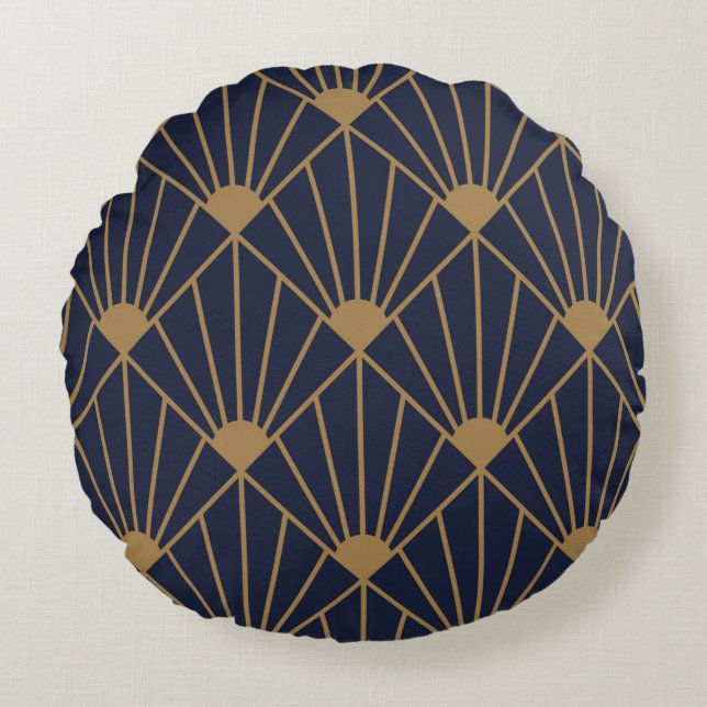 Gold Navy Blue Art Deco Fan Pattern Rond Kussen (Voorkant)