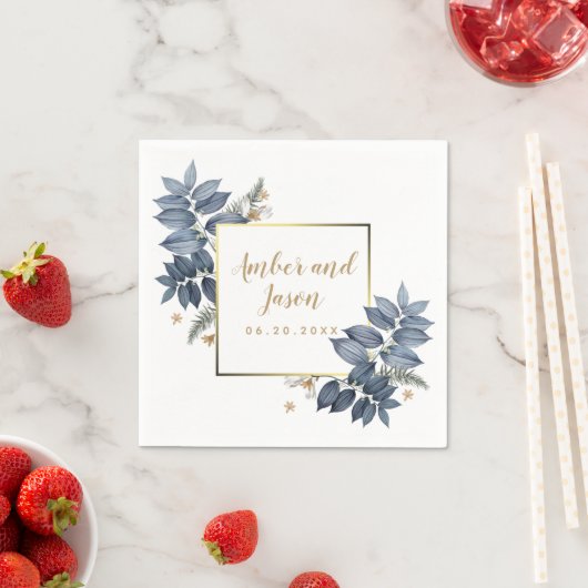 Gold Navy Blue Botanische Illustratie lijst Custom Servet (Insitu)