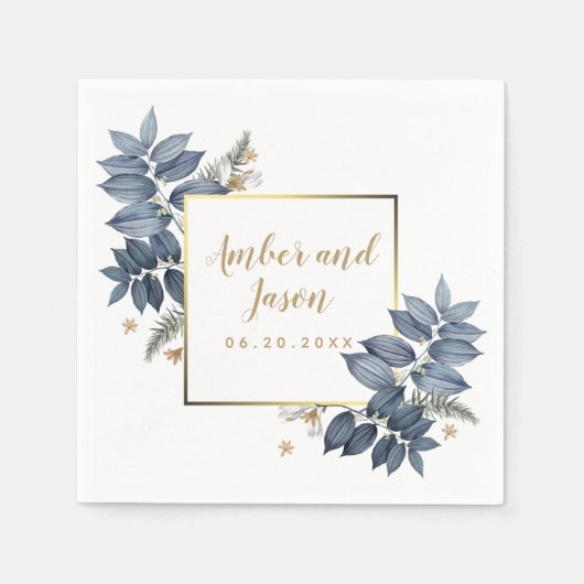 Gold Navy Blue Botanische Illustratie lijst Custom Servet (Voorkant)