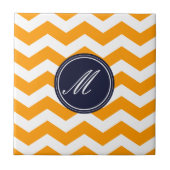 Gold & Navy Blue Chevron met Monogram Tile Tegeltje (Voorkant)