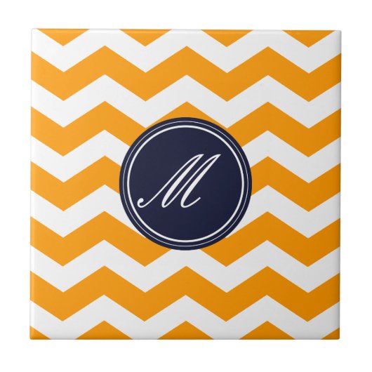 Gold & Navy Blue Chevron met Monogram Tile Tegeltje (Voorkant)