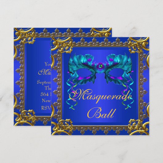 Gold Navy Blue Cobalt Blue Mask Masquerade Ball Kaart (Voorkant / Achterkant)