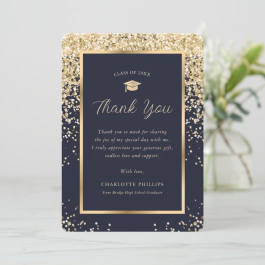 Gold Navy Blue Confetti Afstudeerder Pet Foto Afst Bedankkaart (Staand voorkant)