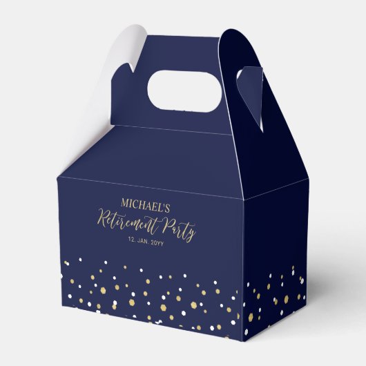 Gold & Navy Blue Confetti Modern Retirement Party Bedankdoosjes (Voorkant Zijde)