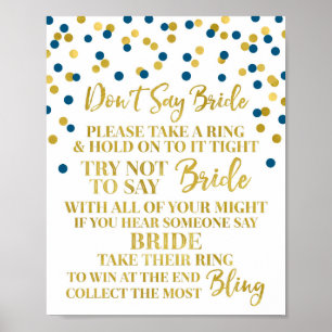 Gold Navy Blue Confetti niet zeggen bruid spel tek Poster