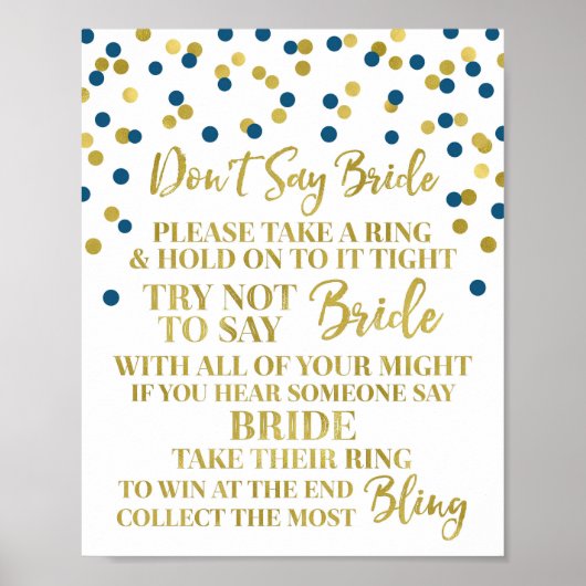 Gold Navy Blue Confetti niet zeggen bruid spel tek Poster (Voorkant)