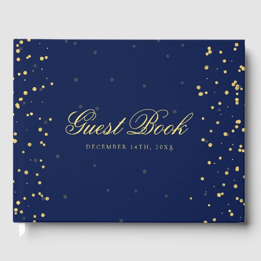 Gold Navy Blue Confetti Stippen Gastboek Gastenboek (Voorkant)