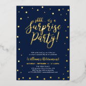 Gold Navy Blue Confetti Surprise Retirement Party Folie Uitnodiging (Voorkant)