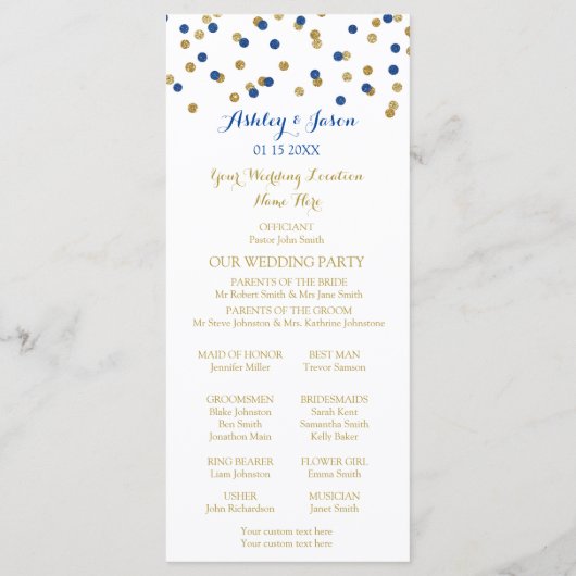 Gold Navy Blue Confetti Wedding Programma Programmakaart (Achterkant)