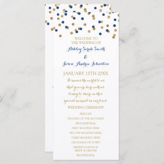 Gold Navy Blue Confetti Wedding Programma Programmakaart (Voorkant / Achterkant)