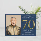 Gold Navy Blue Custom Photo Surprise 70e verjaarda Kaart (Staand voorkant)