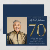 Gold Navy Blue Custom Photo Surprise 70e verjaarda Kaart (Voorkant / Achterkant)