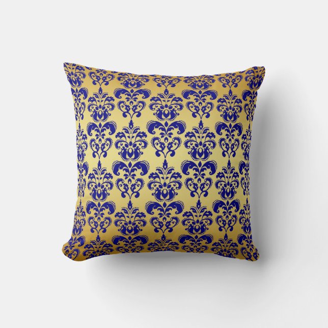 Gold, Navy Blue Damask Pattern 2 Kussen (Voorkant)