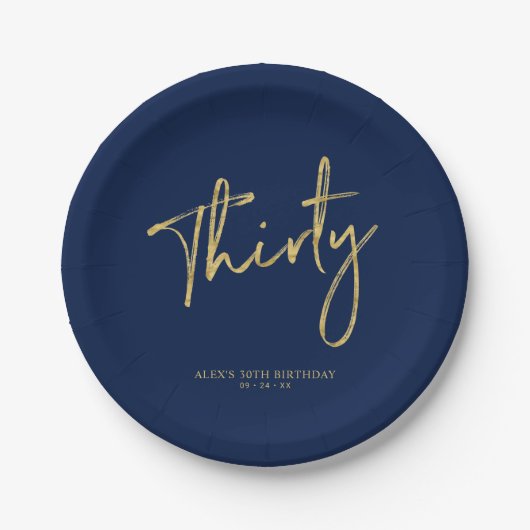 Gold & Navy Blue Derty Lettering 30e verjaardag Papieren Bordje (Voorkant)