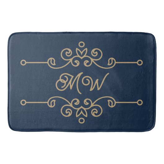  Gold & Navy Blue Elegant Flourish Monogram Badmat (Voorkant)