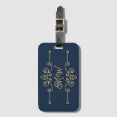  Gold & Navy Blue Elegant Flourish Monogram Bagagelabel (Voorkant (verticaal))